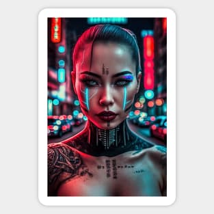 Cyborg Beauty with Futuristic Cityscape - Ultra Realistic Sticker